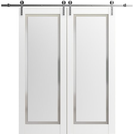 SARTODOORS Sturdy Dbl Barn Door 60 x 84in W/, Painted White W/ Frosted Glass, SS 13FT Rail Hangers Heavy Set PLANUM0888DB-S-BEM-6084